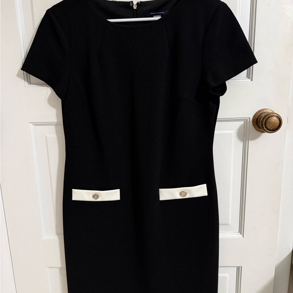 Tommy Hilfiger Black Dress with White Details Size 10 Cap Sleeves